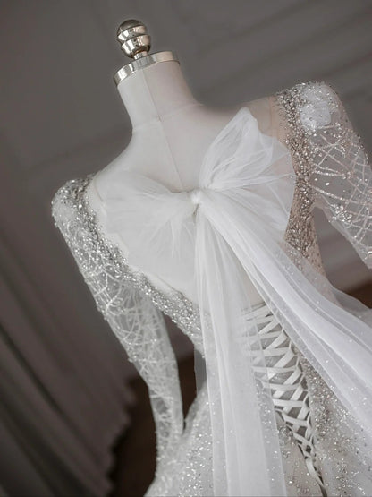 Dreamy Crystal Accents Tulle Long Sleeve Big Bow Detail Bridal Dress Elegant Splicing Mesh Round Neck A-Line Wedding Dress AP2207