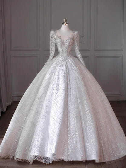 Dreamy Crystal Accents Tulle Long Sleeve Big Bow Detail Bridal Dress Elegant Splicing Mesh Round Neck A-Line Wedding Dress AP2207