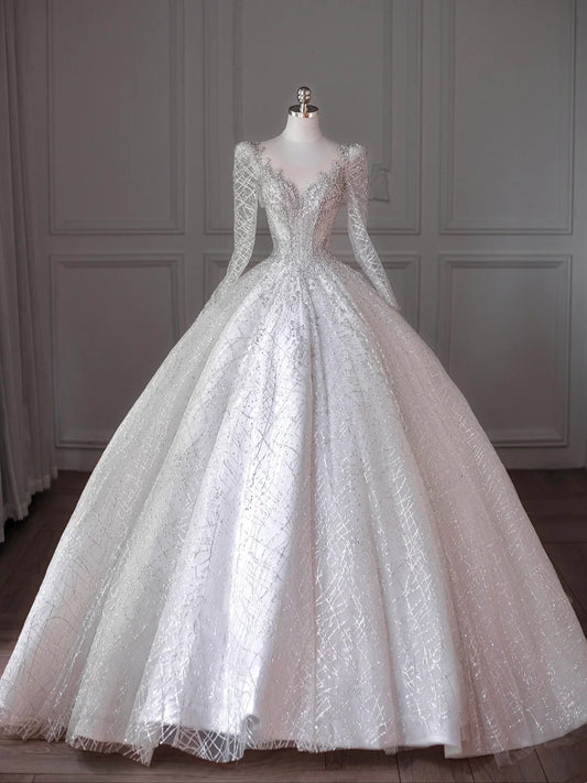 Dreamy Crystal Accents Tulle Long Sleeve Big Bow Detail Bridal Dress Elegant Splicing Mesh Round Neck A-Line Wedding Dress AP2207