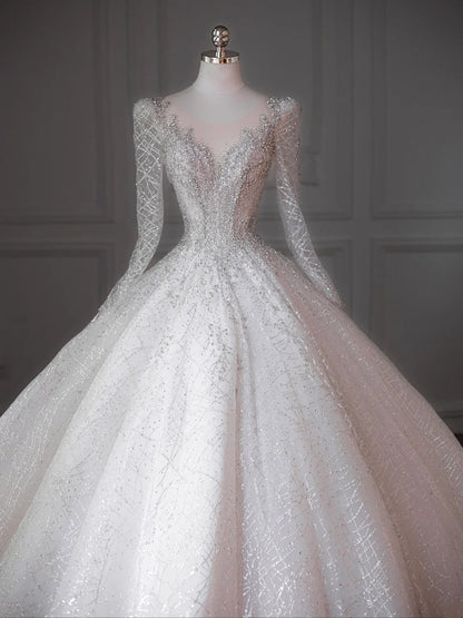 Dreamy Crystal Accents Tulle Long Sleeve Big Bow Detail Bridal Dress Elegant Splicing Mesh Round Neck A-Line Wedding Dress AP2207