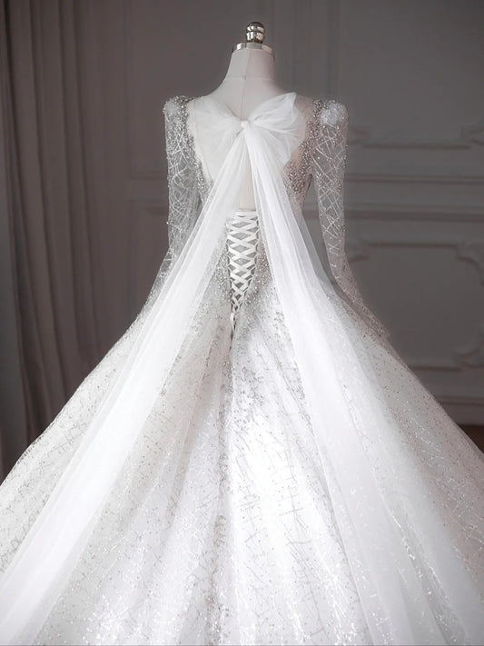 Dreamy Crystal Accents Tulle Long Sleeve Big Bow Detail Bridal Dress Elegant Splicing Mesh Round Neck A-Line Wedding Dress AP2207