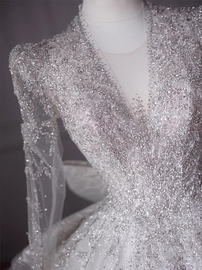 Exquisite Sheer Tulle Long Sleeve A-Line Bridal Dress French Style Mesh Trimmed Neckline Beading Applique Lace-Up Cutout Back Wedding Dress AP2208