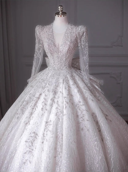 Exquisite Sheer Tulle Long Sleeve A-Line Bridal Dress French Style Mesh Trimmed Neckline Beading Applique Lace-Up Cutout Back Wedding Dress AP2208