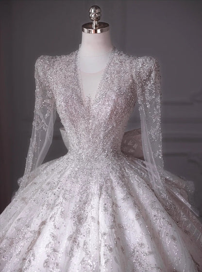 Exquisite Sheer Tulle Long Sleeve A-Line Bridal Dress French Style Mesh Trimmed Neckline Beading Applique Lace-Up Cutout Back Wedding Dress AP2208