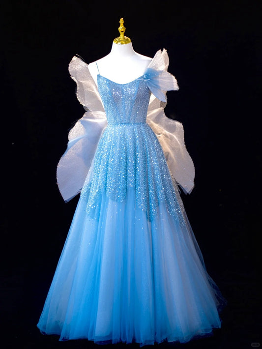 Dreamy Glittering Sequins Spaghetti Strap A-Line Maxi Evening Dress Luxurious Beading Sheer Tulle Overlay Butterfly Wing Accents Prom Dress AP2209