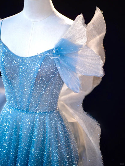 Dreamy Glittering Sequins Spaghetti Strap A-Line Maxi Evening Dress Luxurious Beading Sheer Tulle Overlay Butterfly Wing Accents Prom Dress AP2209