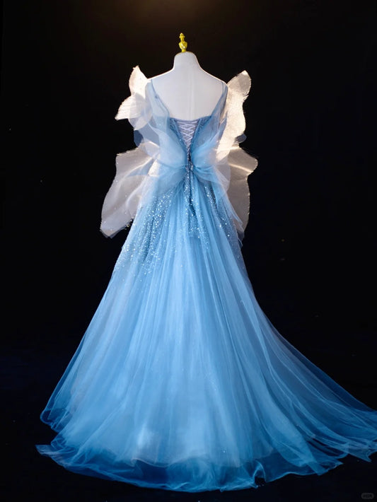 Dreamy Glittering Sequins Spaghetti Strap A-Line Maxi Evening Dress Luxurious Beading Sheer Tulle Overlay Butterfly Wing Accents Prom Dress AP2209