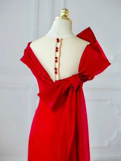 Eye-Catching Red Mesh Trimmed Round Neckline Mermaid Maxi Dress Unique Oversized Bow Accent Button Closure Prom Dress AP2210