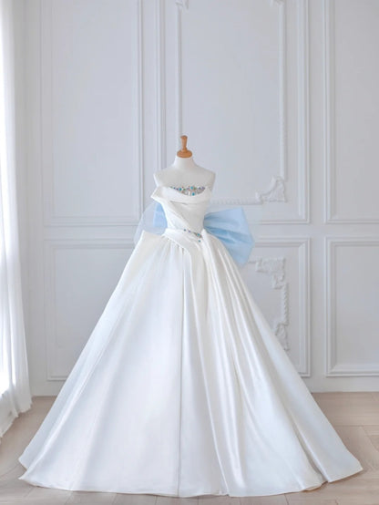 Romantic Crystal Accent Strapless Ruffled Satin Maxi Dress Charming Mesh Spliced Big Bow A-Line Prom Dress AP2211