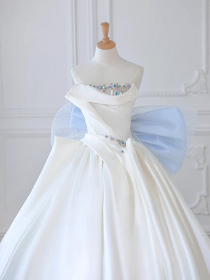 Romantic Crystal Accent Strapless Ruffled Satin Maxi Dress Charming Mesh Spliced Big Bow A-Line Prom Dress AP2211