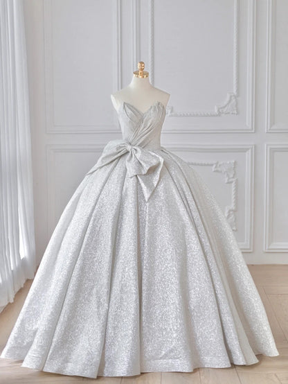 Shimmering Strapless Silver Glitter Maxi Dress Charming Oversized Bow Accent A-Line Prom Dress AP2212