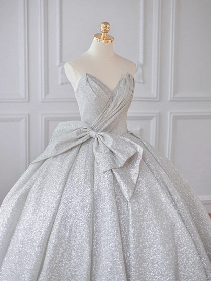 Shimmering Strapless Silver Glitter Maxi Dress Charming Oversized Bow Accent A-Line Prom Dress AP2212