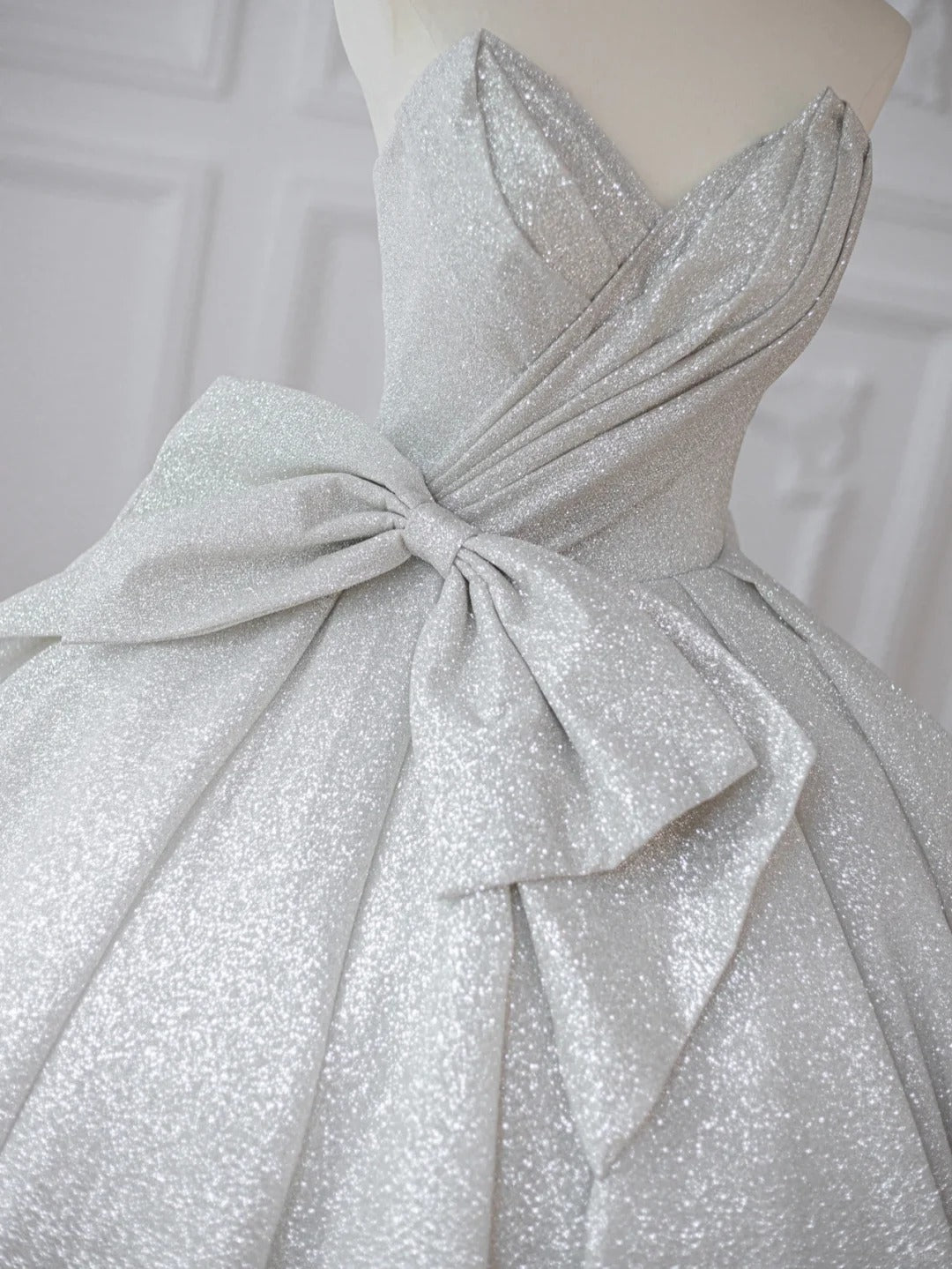 Shimmering Strapless Silver Glitter Maxi Dress Charming Oversized Bow Accent A-Line Prom Dress AP2212