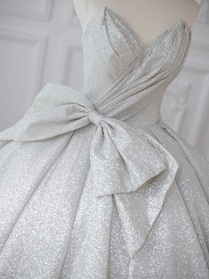 Shimmering Strapless Silver Glitter Maxi Dress Charming Oversized Bow Accent A-Line Prom Dress AP2212