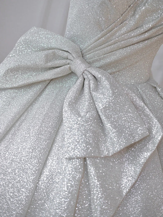 Shimmering Strapless Silver Glitter Maxi Dress Charming Oversized Bow Accent A-Line Prom Dress AP2212