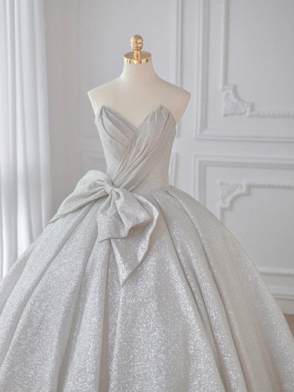 Shimmering Strapless Silver Glitter Maxi Dress Charming Oversized Bow Accent A-Line Prom Dress AP2212