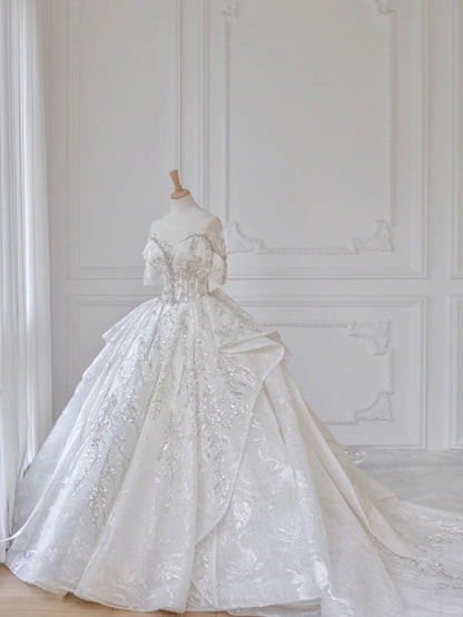 Charming Crystal Accents Beading Tulle Short Sleeve Ruffles Bridal Dress Chic Splicing Mesh Round Neck A-Line Wedding Dress AP2213