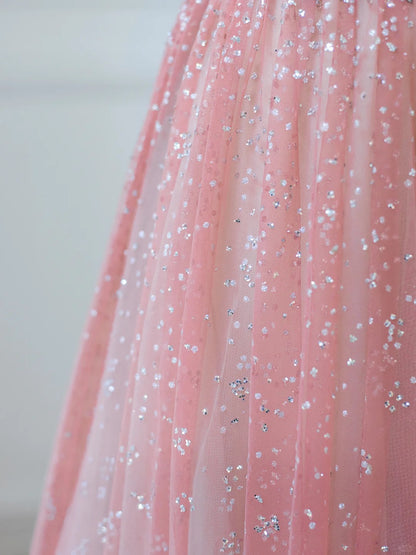 Glamorous Spaghetti Strap Pink Gradient Tulle Sequins Accent Maxi Evening Dress Dreamy Intricate Beaded Bodice A-Line Prom Dress AP2214