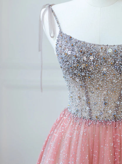 Glamorous Spaghetti Strap Pink Gradient Tulle Sequins Accent Maxi Evening Dress Dreamy Intricate Beaded Bodice A-Line Prom Dress AP2214