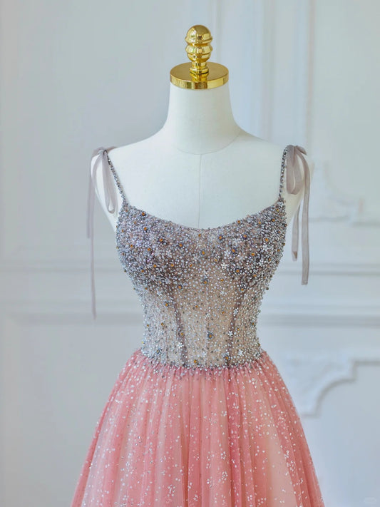Glamorous Spaghetti Strap Pink Gradient Tulle Sequins Accent Maxi Evening Dress Dreamy Intricate Beaded Bodice A-Line Prom Dress AP2214