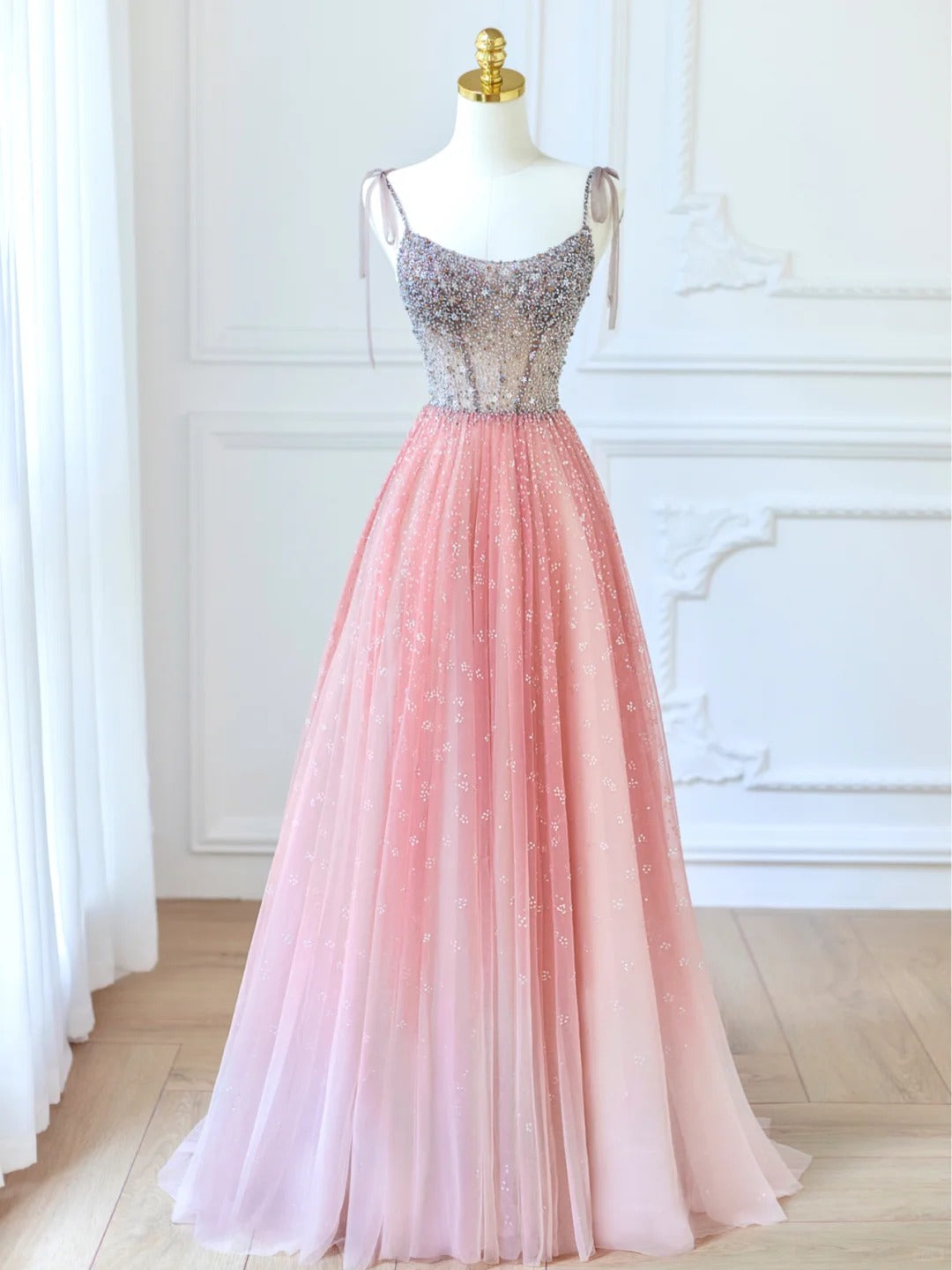 Glamorous Spaghetti Strap Pink Gradient Tulle Sequins Accent Maxi Evening Dress Dreamy Intricate Beaded Bodice A-Line Prom Dress AP2214