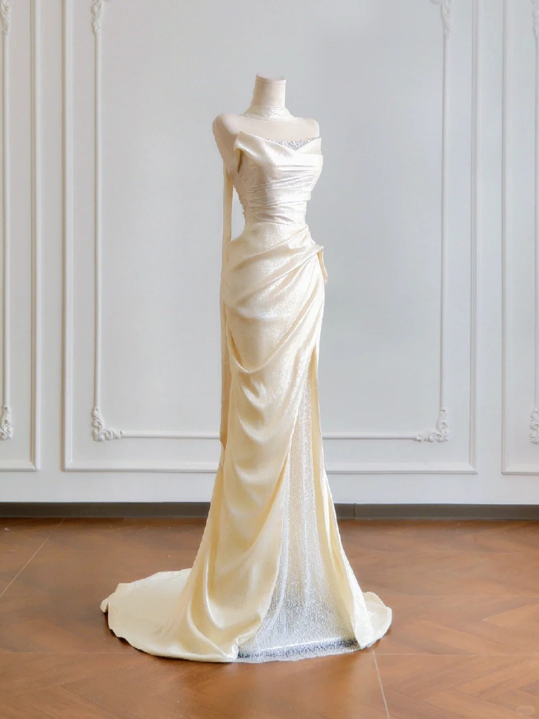 Elegant Shimmering Fabric Strapless Mermaid Maxi Dress Vogue Draped Bodice Glitter Tulle Side Slit Beading Prom Dress AP2215