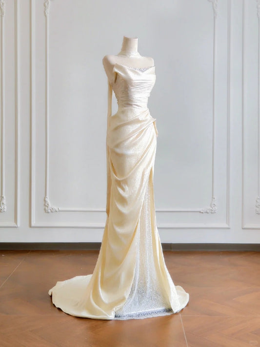 Elegant Shimmering Fabric Strapless Mermaid Maxi Dress Vogue Draped Bodice Glitter Tulle Side Slit Beading Prom Dress AP2215