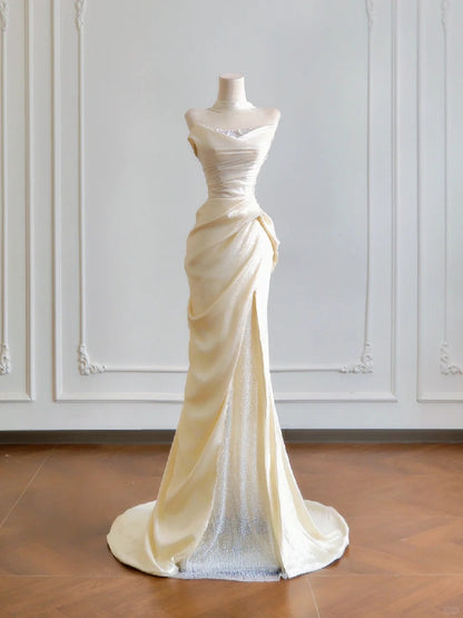 Elegant Shimmering Fabric Strapless Mermaid Maxi Dress Vogue Draped Bodice Glitter Tulle Side Slit Beading Prom Dress AP2215