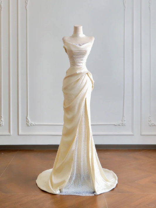 Elegant Shimmering Fabric Strapless Mermaid Maxi Dress Vogue Draped Bodice Glitter Tulle Side Slit Beading Prom Dress AP2215