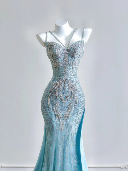 Lustrous Beading Spaghetti Strap Mermaid Evening Maxi Dress Chic Glitter Sequins Dramatic Train Prom Dress AP2216