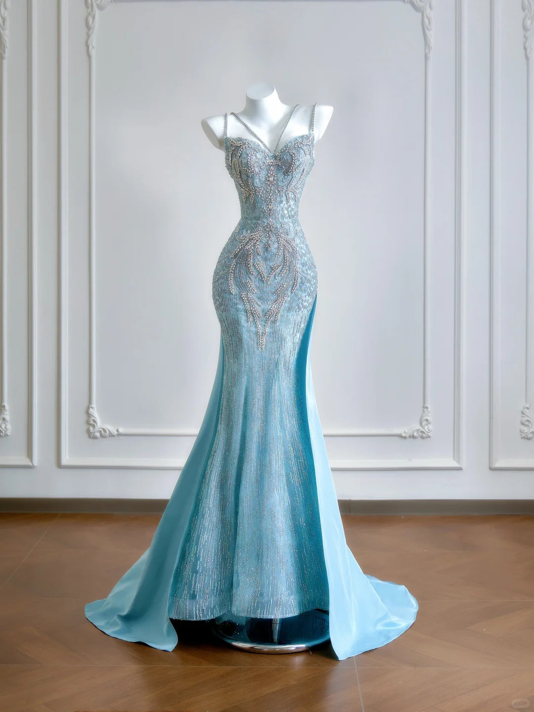 Lustrous Beading Spaghetti Strap Mermaid Evening Maxi Dress Chic Glitter Sequins Dramatic Train Prom Dress AP2216