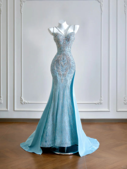 Lustrous Beading Spaghetti Strap Mermaid Evening Maxi Dress Chic Glitter Sequins Dramatic Train Prom Dress AP2216