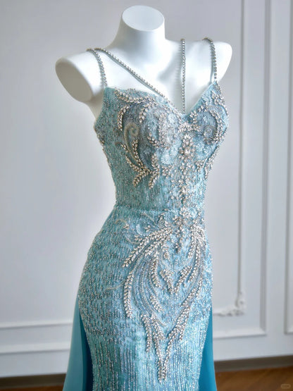 Lustrous Beading Spaghetti Strap Mermaid Evening Maxi Dress Chic Glitter Sequins Dramatic Train Prom Dress AP2216