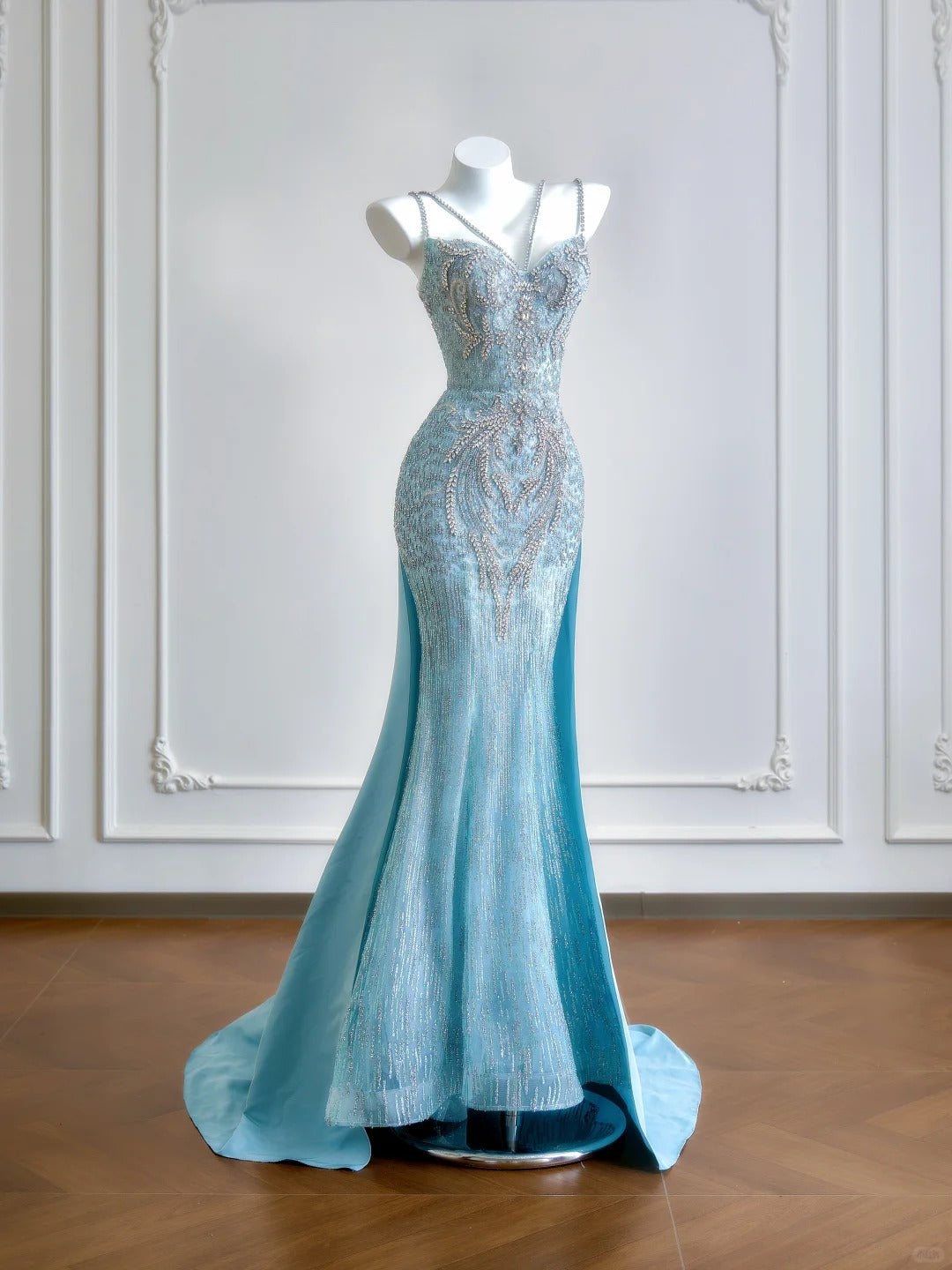 Lustrous Beading Spaghetti Strap Mermaid Evening Maxi Dress Chic Glitter Sequins Dramatic Train Prom Dress AP2216