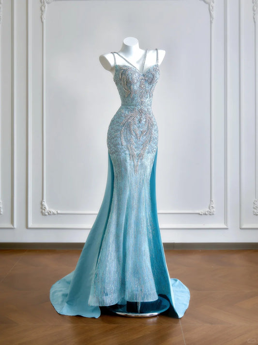 Lustrous Beading Spaghetti Strap Mermaid Evening Maxi Dress Chic Glitter Sequins Dramatic Train Prom Dress AP2216