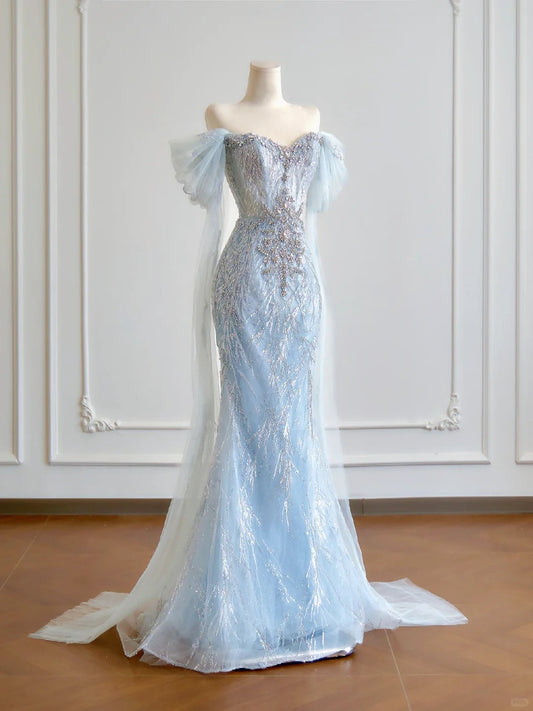 Elaborate Glittering Sequins Mermaid Rhinestone Accent Maxi Dress Elegant Sheer Mesh Trimmed Off-Shoulder Prom Dress AP2217