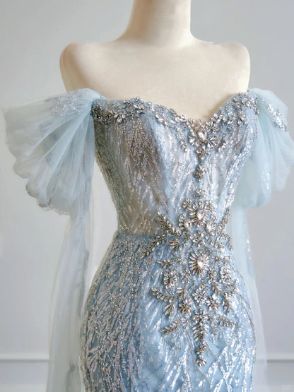 Elaborate Glittering Sequins Mermaid Rhinestone Accent Maxi Dress Elegant Sheer Mesh Trimmed Off-Shoulder Prom Dress AP2217