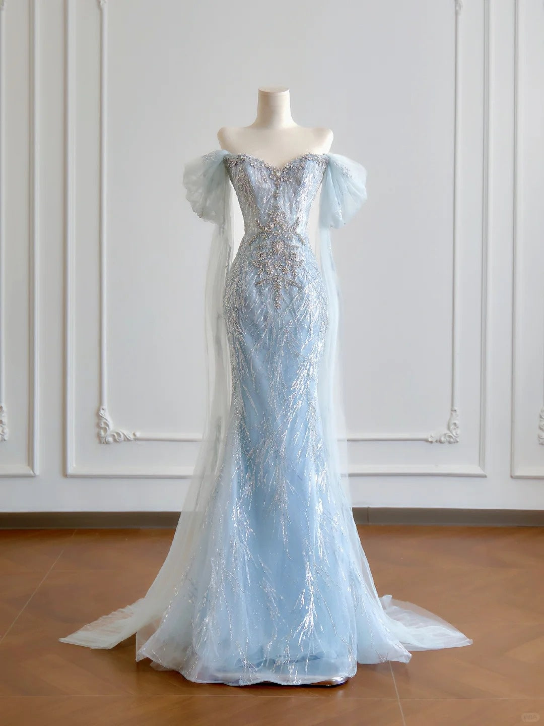 Elaborate Glittering Sequins Mermaid Rhinestone Accent Maxi Dress Elegant Sheer Mesh Trimmed Off-Shoulder Prom Dress AP2217