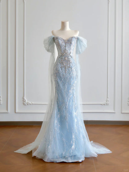 Elaborate Glittering Sequins Mermaid Rhinestone Accent Maxi Dress Elegant Sheer Mesh Trimmed Off-Shoulder Prom Dress AP2217