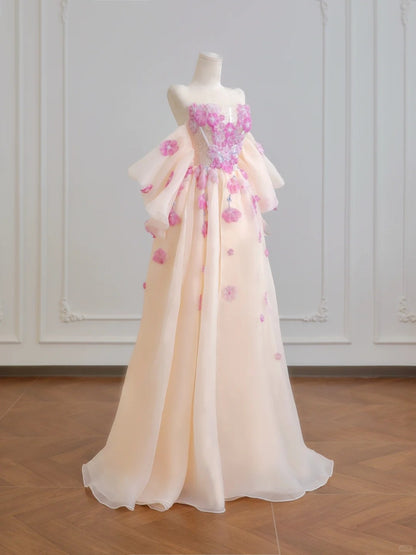 Romantic 3D Flowers Accent Beaded Maxi Dress Charming Off-Shoulder Cascade Tulle Hem Prom Dress AP2218