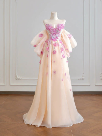 Romantic 3D Flowers Accent Beaded Maxi Dress Charming Off-Shoulder Cascade Tulle Hem Prom Dress AP2218