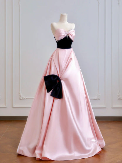 Luxurious Beading Strapless Pink Satin Ruched Evening Maxi Dress Cute Cutout Black Bodice Big Bow Accent Prom Dress AP2222