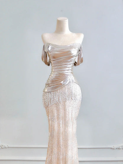 Luxurious Off-Shoulder Metallic Ruched Bodice Mermaid Maxi Dress Charming Beading Fringe Prom Dress AP2223