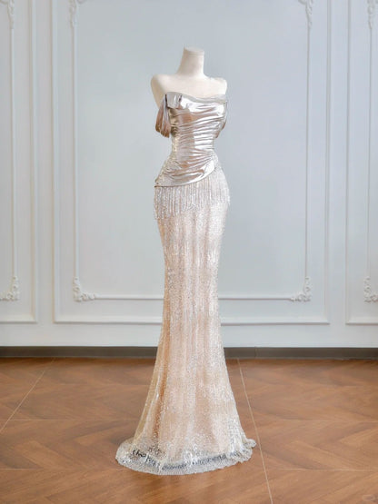 Luxurious Off-Shoulder Metallic Ruched Bodice Mermaid Maxi Dress Charming Beading Fringe Prom Dress AP2223