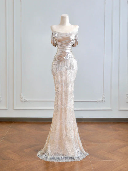Luxurious Off-Shoulder Metallic Ruched Bodice Mermaid Maxi Dress Charming Beading Fringe Prom Dress AP2223