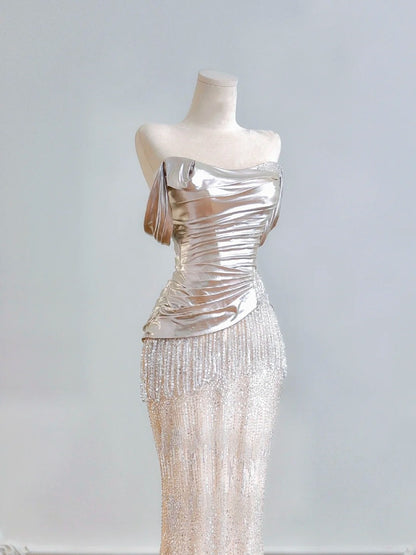 Luxurious Off-Shoulder Metallic Ruched Bodice Mermaid Maxi Dress Charming Beading Fringe Prom Dress AP2223