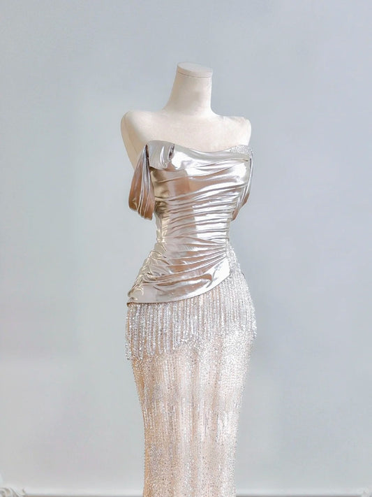 Luxurious Off-Shoulder Metallic Ruched Bodice Mermaid Maxi Dress Charming Beading Fringe Prom Dress AP2223
