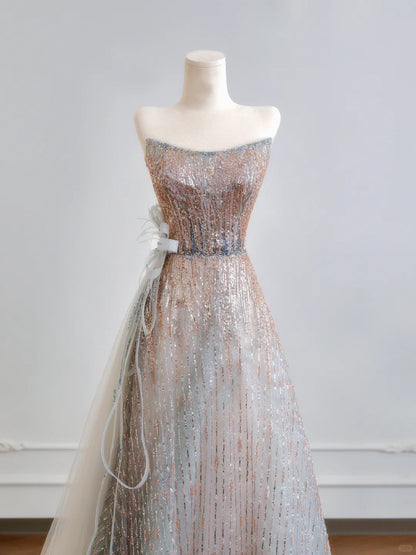 Sparkling Sequin Ombre Evening Strapless Maxi Dress Alluring Floor-Length Tulle Train Bow Accent Prom Dress AP2224
