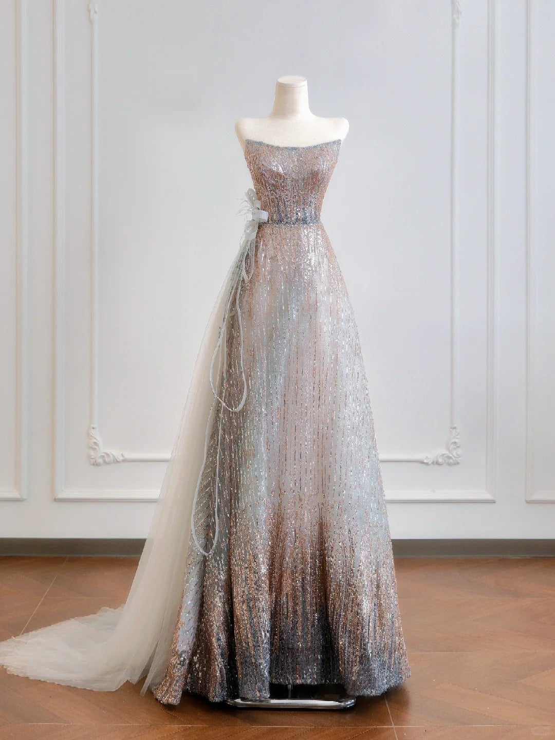 Sparkling Sequin Ombre Evening Strapless Maxi Dress Alluring Floor-Length Tulle Train Bow Accent Prom Dress AP2224