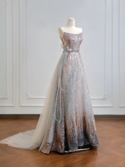 Sparkling Sequin Ombre Evening Strapless Maxi Dress Alluring Floor-Length Tulle Train Bow Accent Prom Dress AP2224